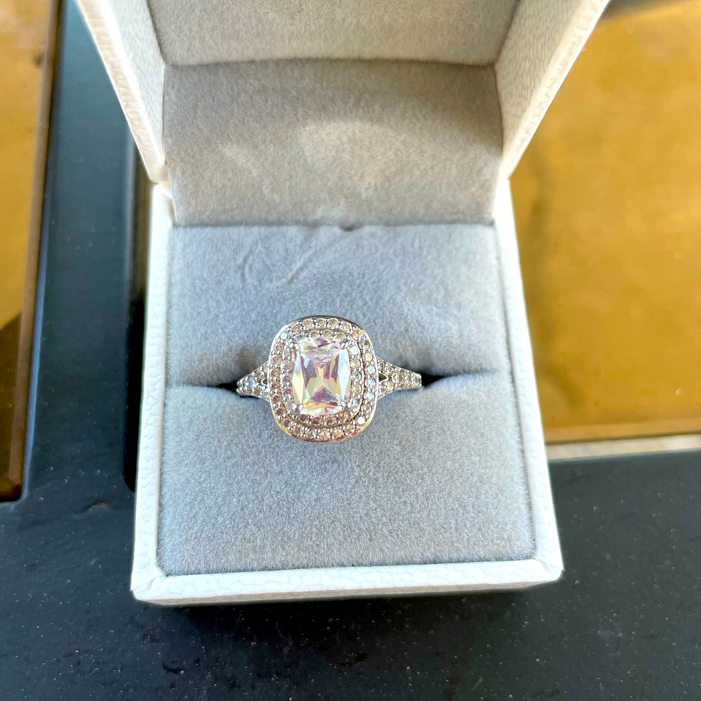Sterling Silver Emerald Cut CZ Engagement/Wedding Ring size 7.
